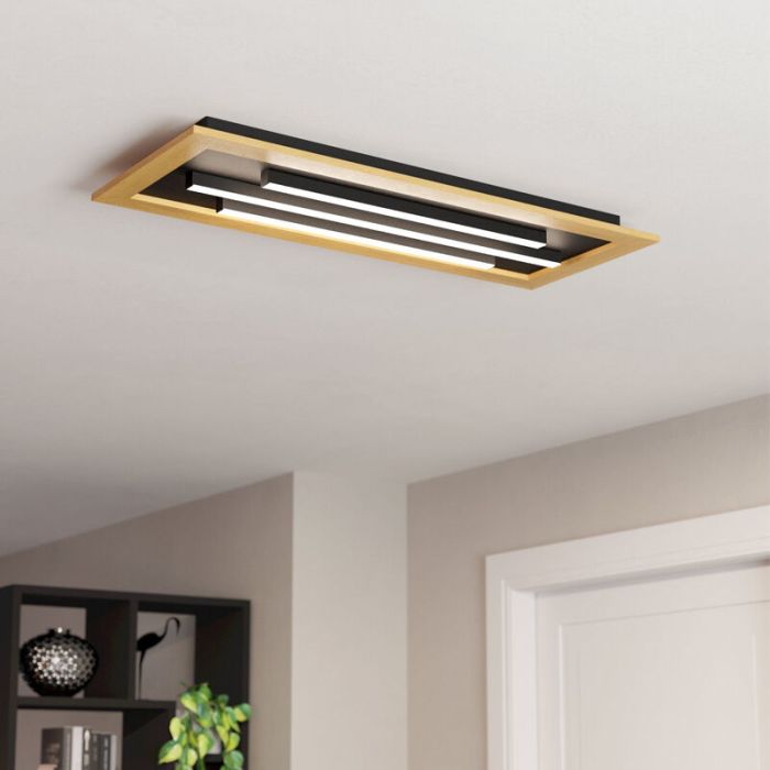Plafón de techo madera de aluminio, Kyllian, 9W, ajustable entre luz blanco cálido y frío LED, regulable en 3 pasos