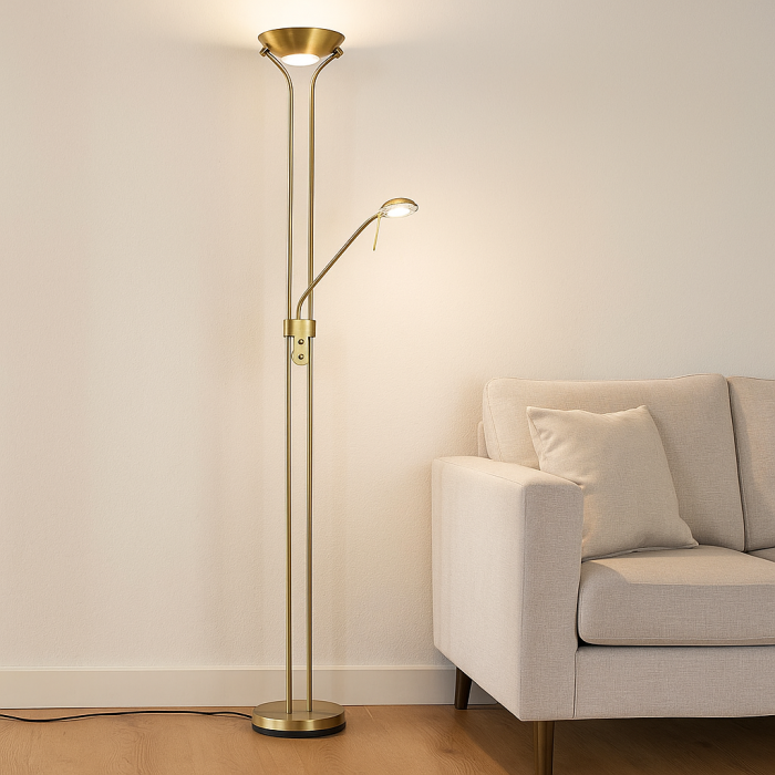 Lámpara de pie de lectura latón moderna, Salvador, 18W, 3000K LED, con interruptor