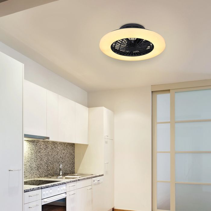 Ventilador de techo negro de plástico, Joni, 40W, ajustable entre luz blanco cálido y frío LED, con mando a distancia