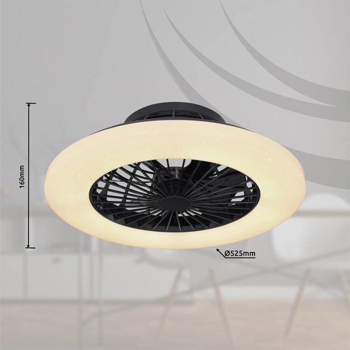 Ventilador de techo negro de plástico, Joni, 40W, ajustable entre luz blanco cálido y frío LED, con mando a distancia