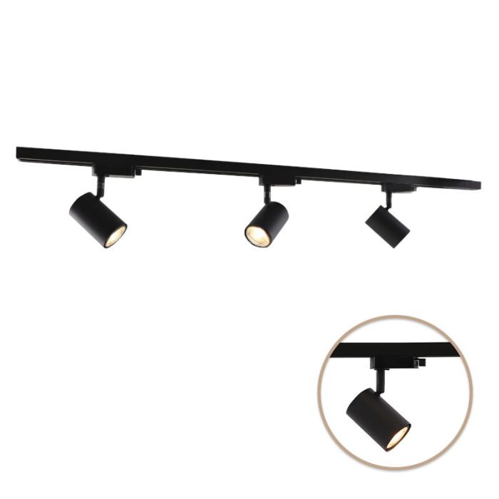 1M sistema iluminación carril monofásico negro + 3 Elena focos de carril