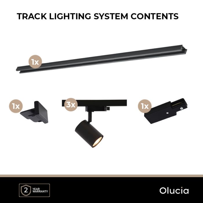 1M sistema iluminación carril monofásico negro + 3 Elena focos de carril