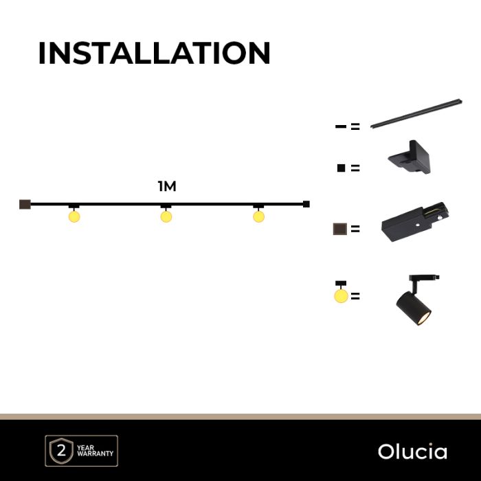 1M sistema iluminación carril monofásico negro + 3 Elena focos de carril