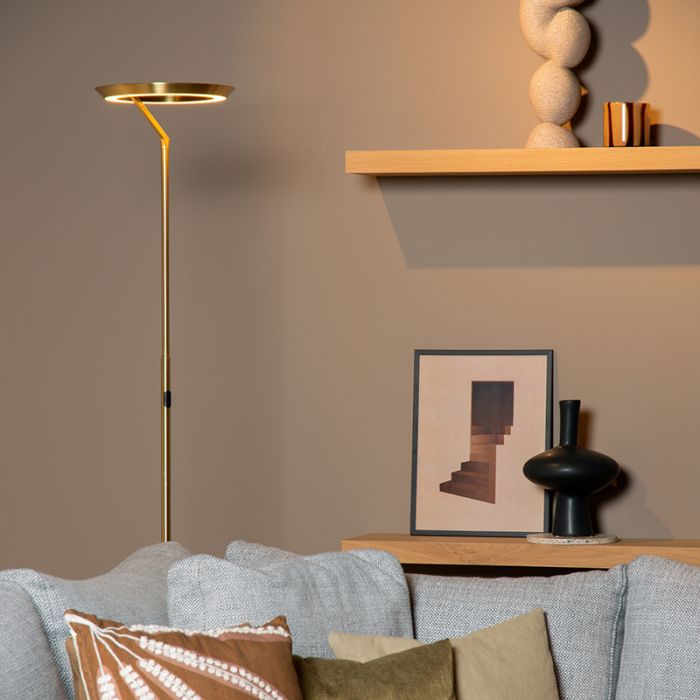 Lámpara de pie moderna latón, Celeste, 21W, 2700K LED, con regulador táctil