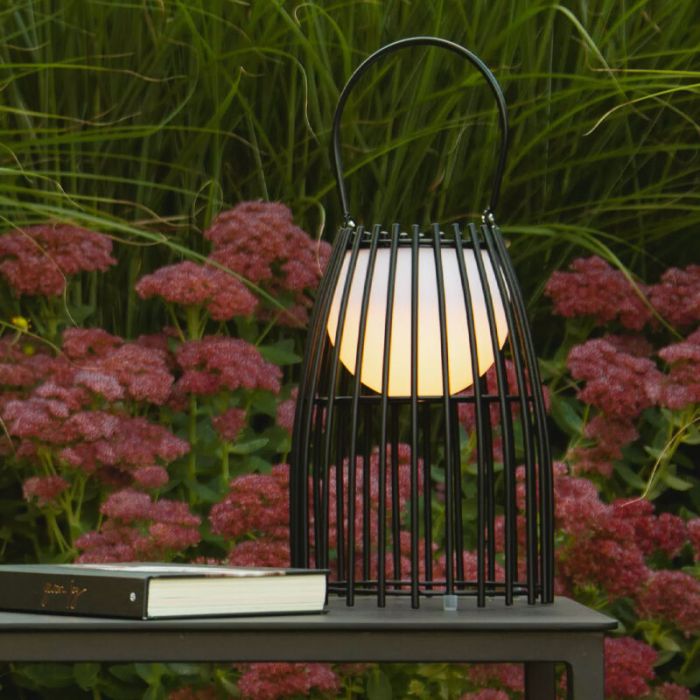Lámpara de mesa exterior retro negra, Fjara, 0,3W, 2700K LED, IP44, con regulador táctil