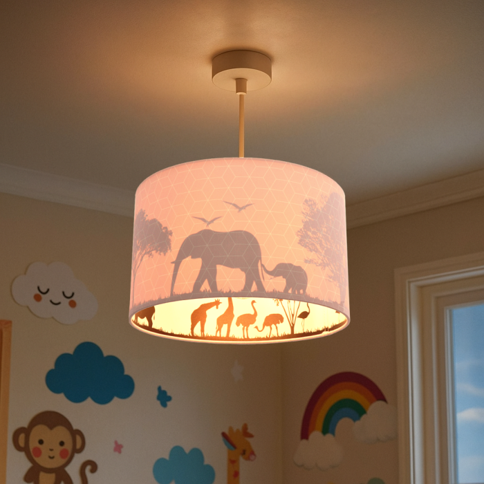 Lámpara colgante infantil rosa de tela, Safari