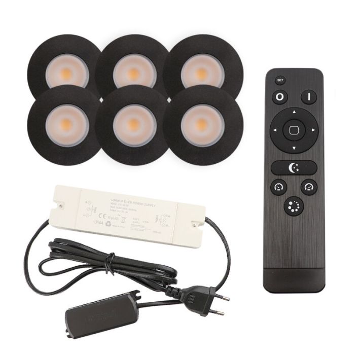 6 focos empotrables negros para porche Dico, IP65, con set de conexión y mando a distancia