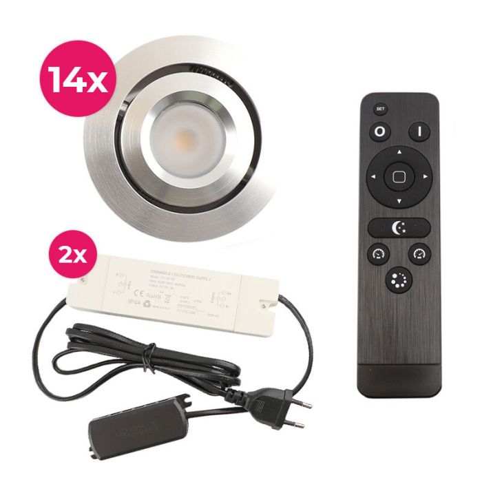 14 focos empotrables orientables para porche Rona, IP44, con set de conexión y mando a distancia, cromo