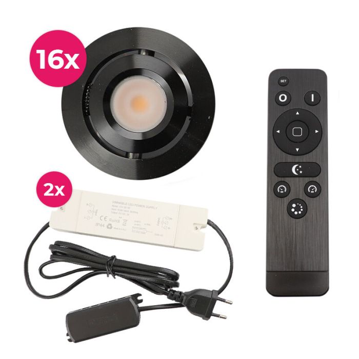 16 focos empotrables orientables para porche Rona, IP44, con set de conexión y mando a distancia, negro