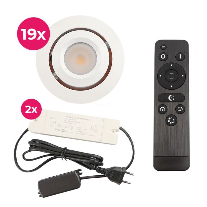 19 focos empotrables orientables para porche Rona, IP44, con set de conexión y mando a distancia, blanco