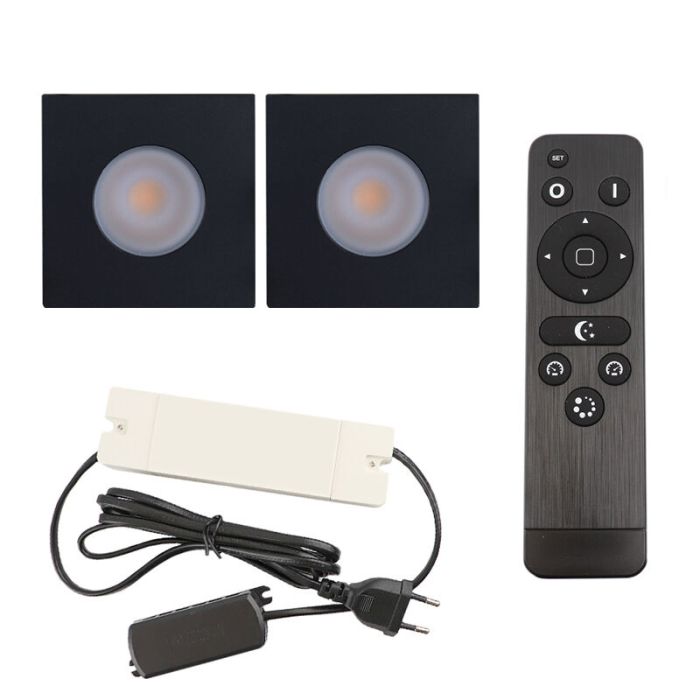 2 focos empotrables cuadrados negros para porche Dico, IP65, con set de conexión y mando a distancia