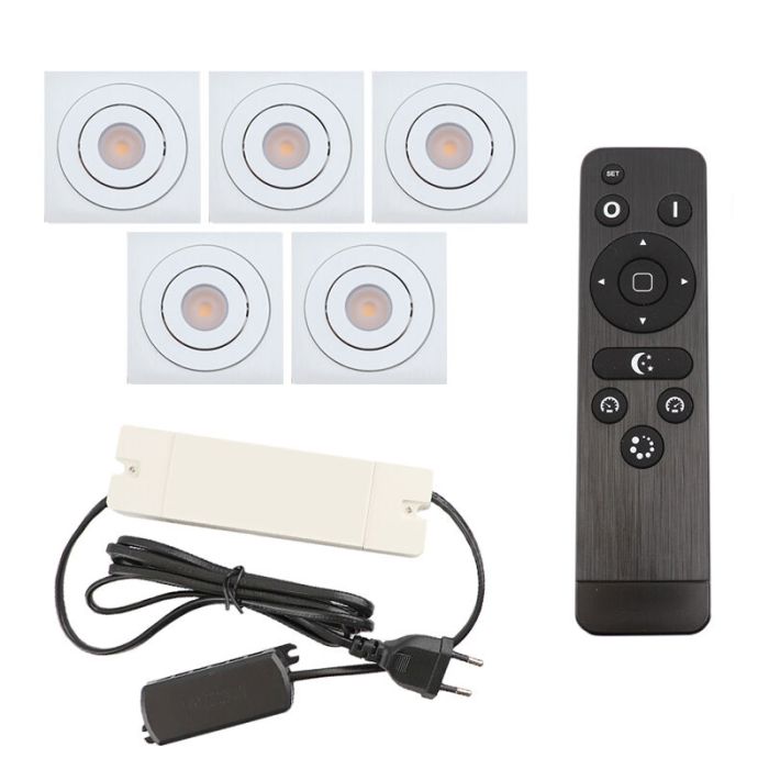 5 focos empotrables orientables para porche Rona cuadrado, IP44, con set de conexión y mando a distancia, blanco
