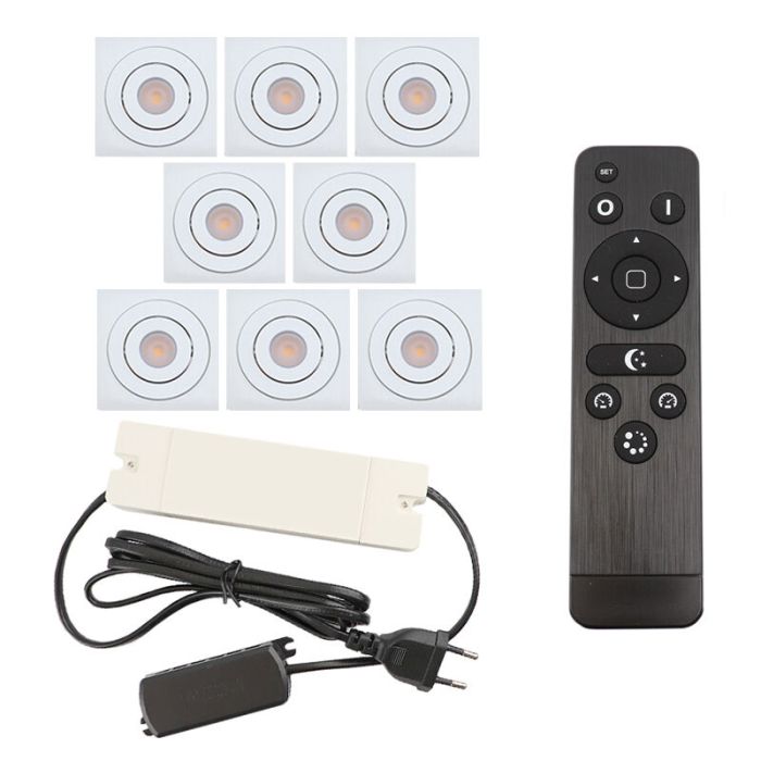 8 focos empotrables orientables para porche Rona cuadrado, IP44, con set de conexión y mando a distancia, blanco