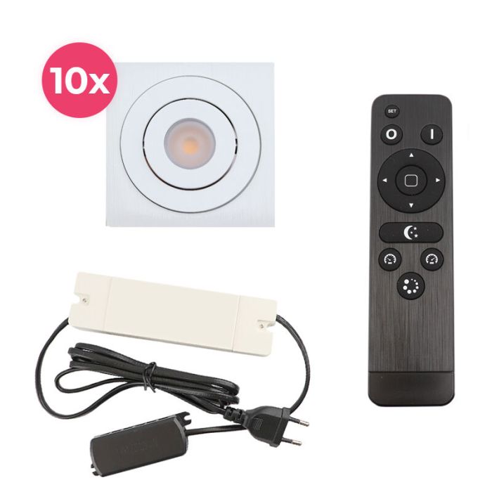 10 focos empotrables orientables para porche Rona cuadrado, IP44, con set de conexión y mando a distancia, blanco
