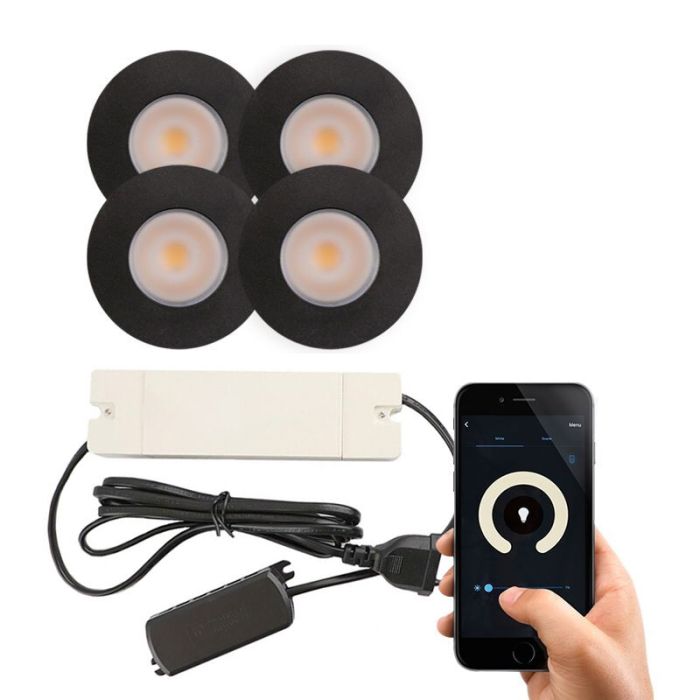 4 focos empotrables inteligentes negros para porche Dico, IP65, con set de conexión