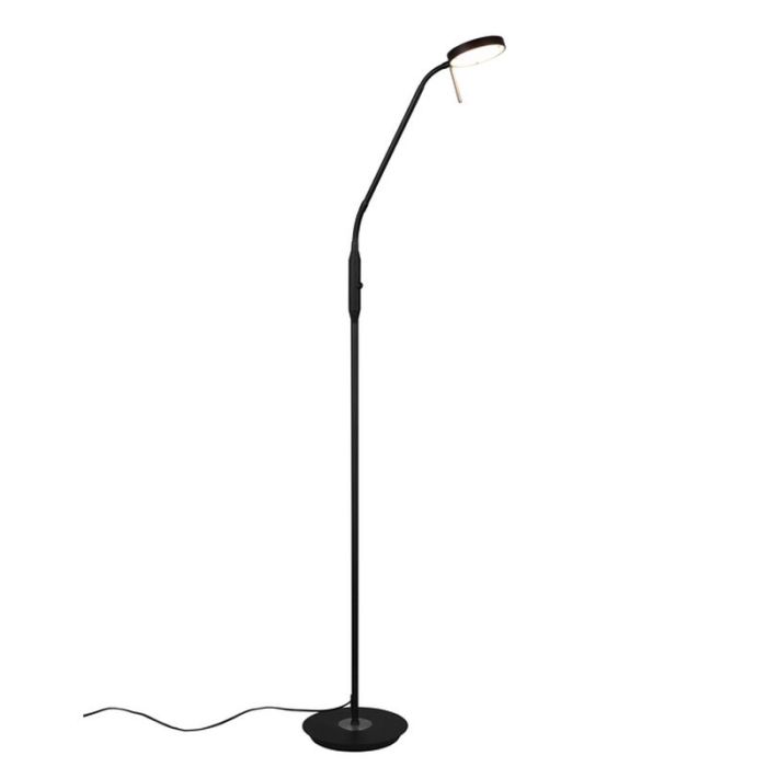 Lámpara de pie de lectura moderna negra, Bilge, 12W, ajustable entre luz blanco cálido y frío LED, con regulador táctil