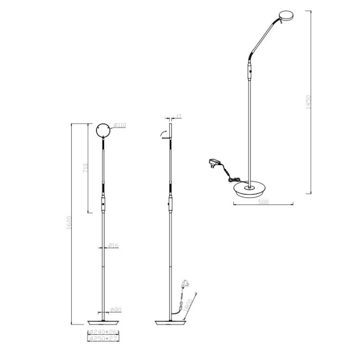 Lámpara de pie de lectura moderna negra, Bilge, 12W, ajustable entre luz blanco cálido y frío LED, con regulador táctil