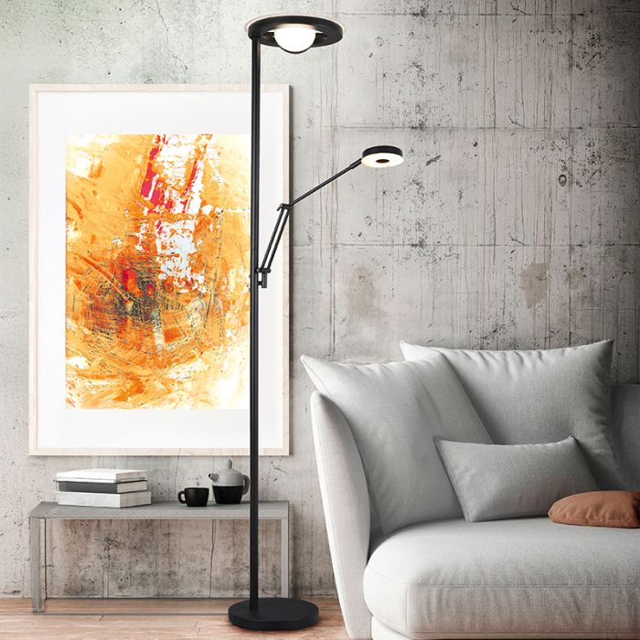 Lámpara de pie de lectura moderna negra, Yazid, 32W, color de luz ajustable LED, con regulador táctil