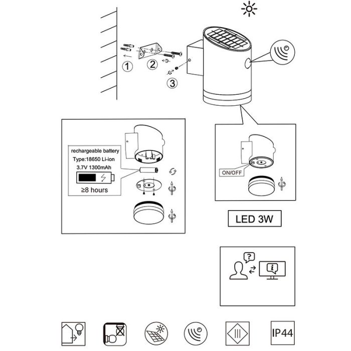 Aplique exterior con sensor de movimiento moderno antracita, Suzan, 3W, 3000K LED, IP44
