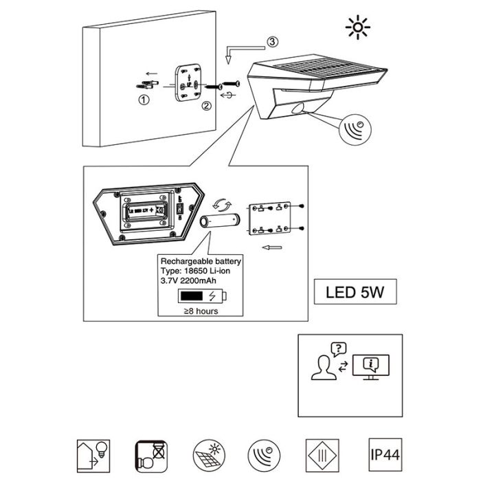 Aplique exterior con sensor de movimiento moderno antracita, Sunniva, 5W, 3000K LED, IP44