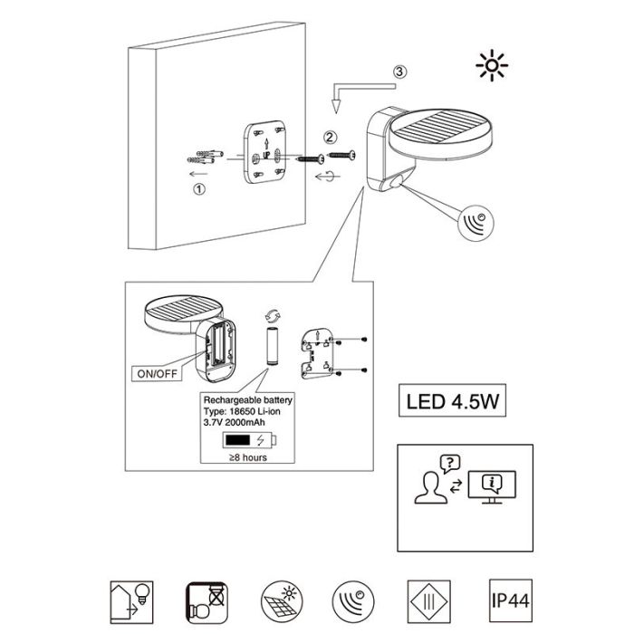 Aplique exterior con sensor de movimiento moderno antracita, Sunny, 4,5W, 3000K LED, IP44