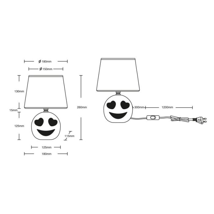 Lámpara de mesa infantil moderna negra, Smiley, con interruptor