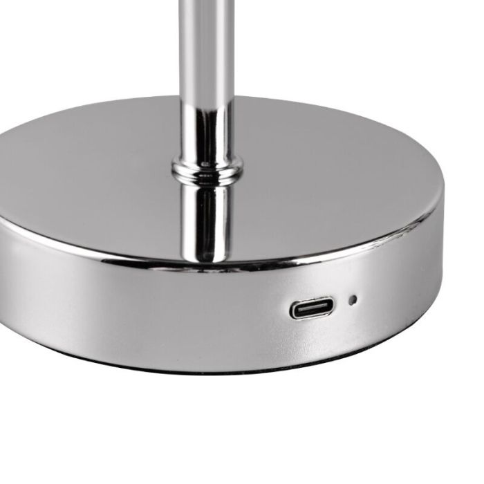 Lámpara de mesa recargable moderna cromada, Dustin, 1W, 3000K LED, con regulador táctil